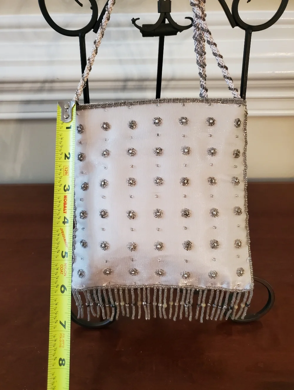 Vtg - La Regale - Silver White - Satin - Beaded Fringe Purse